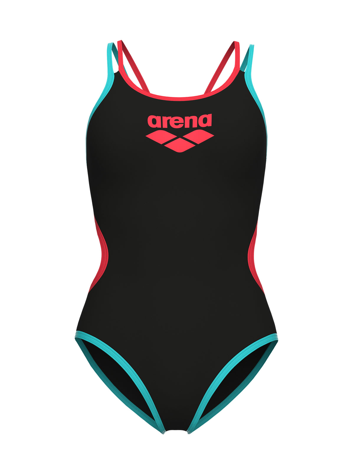 Women’s One Double Cross Back One-Piece Swimsuit – Black/Bright Coral/Water