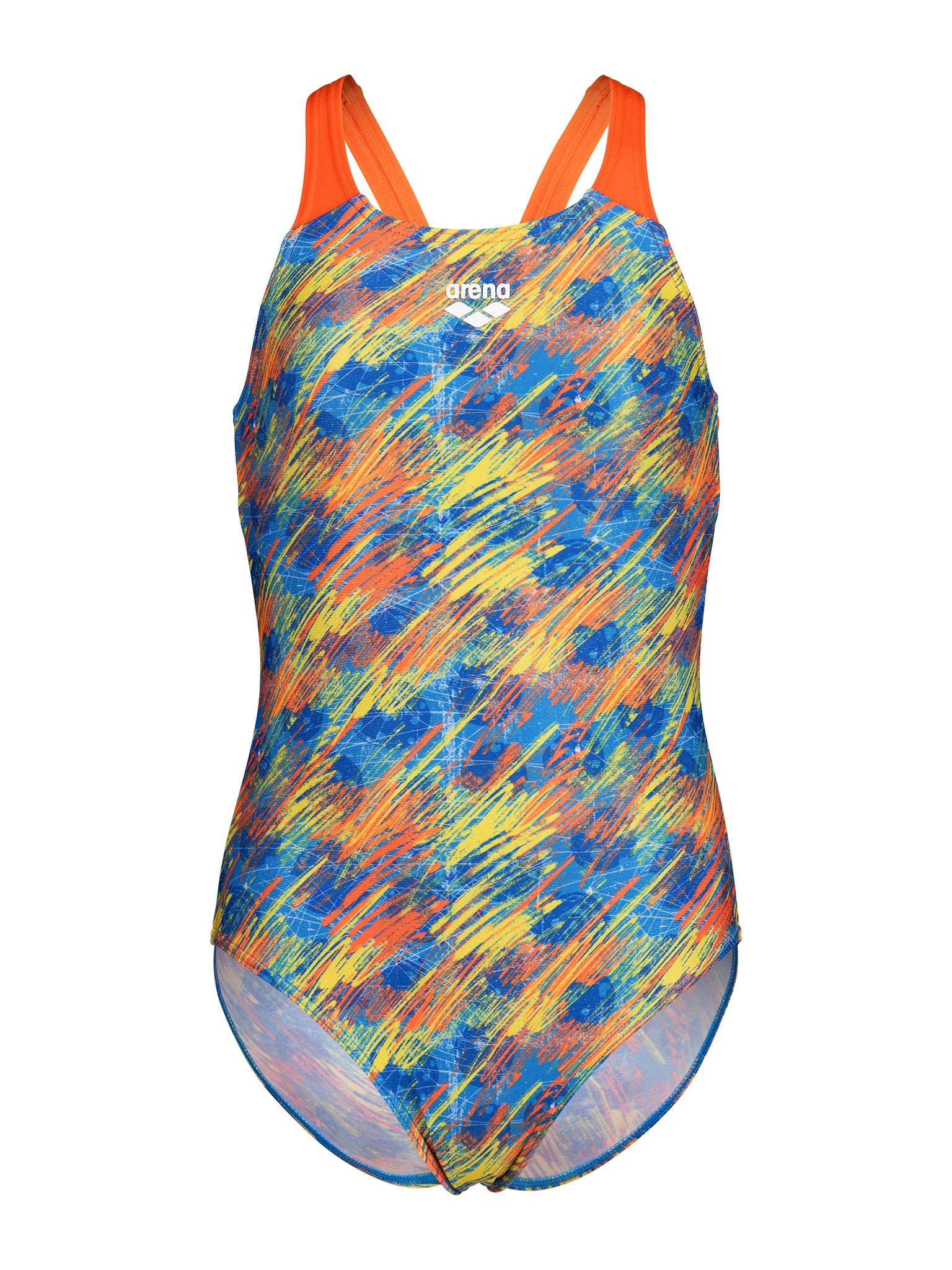 Maillot de bain une pièce Draft V Back pour filles – Multi Neon Blue/Team Orange
